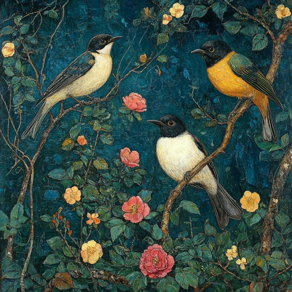 Three Birds In A Garden Art