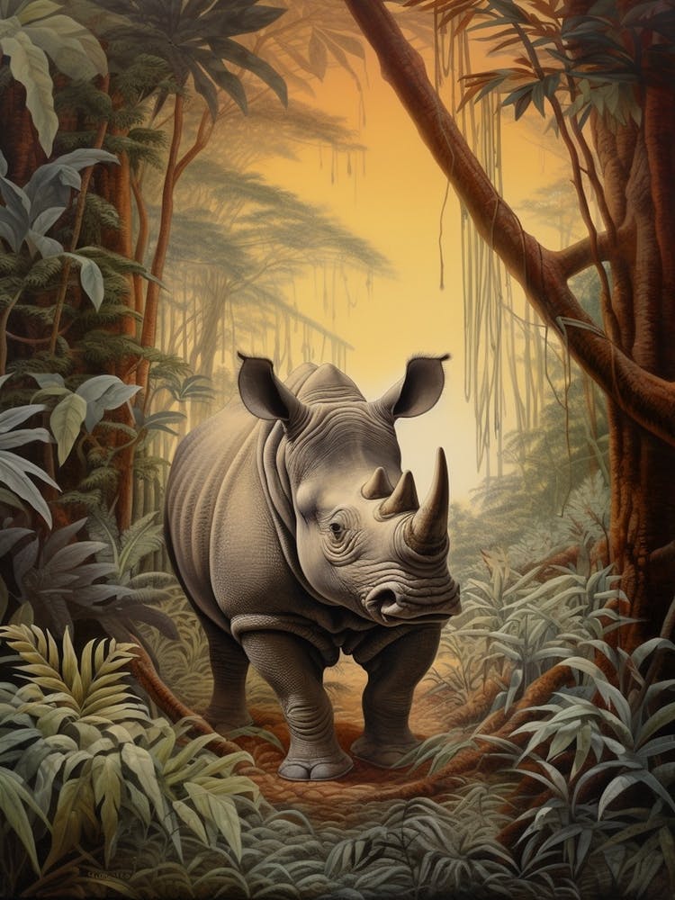 Rhino In The Trees At Sunset Realistic Illustration 3