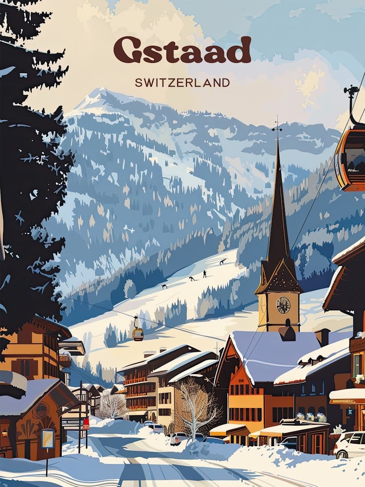 Gstaad Switzerland Winter Digital Travel Illustration