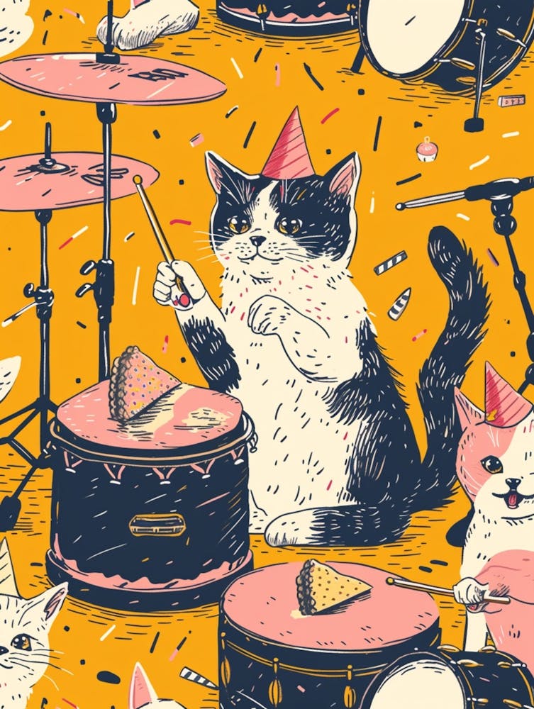 Pattern Of Cats Eating Birthday Cake And Playing With Drum Machines