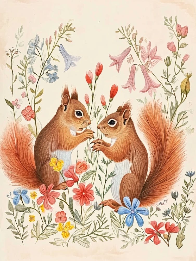 Folksy Floral Animal Drawing Squirrel