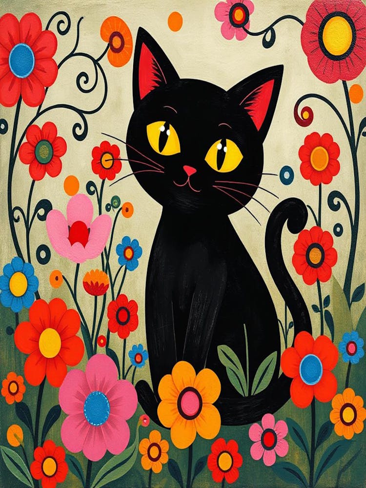 Black Cat In Flowers 3