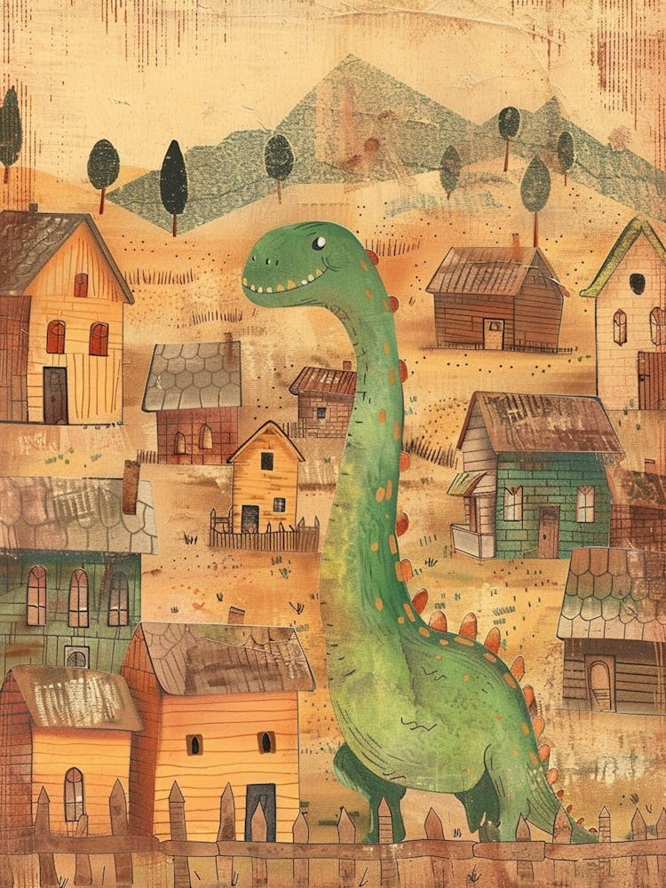 Dinosaur In A Village Storybook Style 3