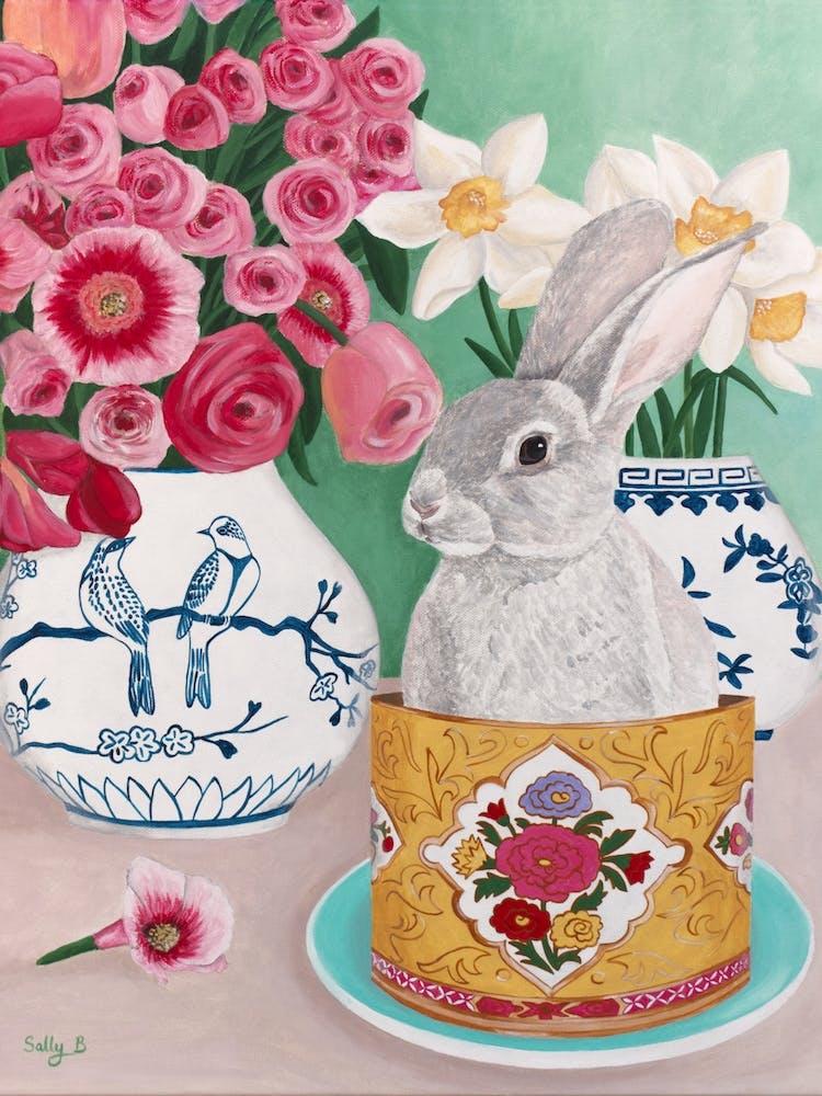 Rabbit With Roses And Daffodils In Chinoiserie Vase