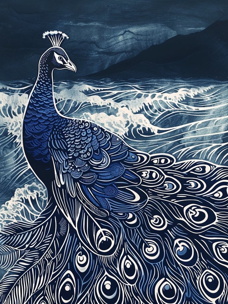 Peacock In The Waves Blue Linocut Inspired 1