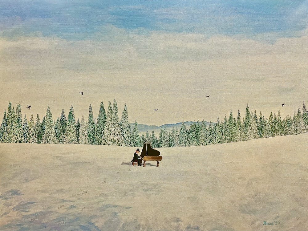 Man Playing Piano In Snow Covered Meadow White Sky
