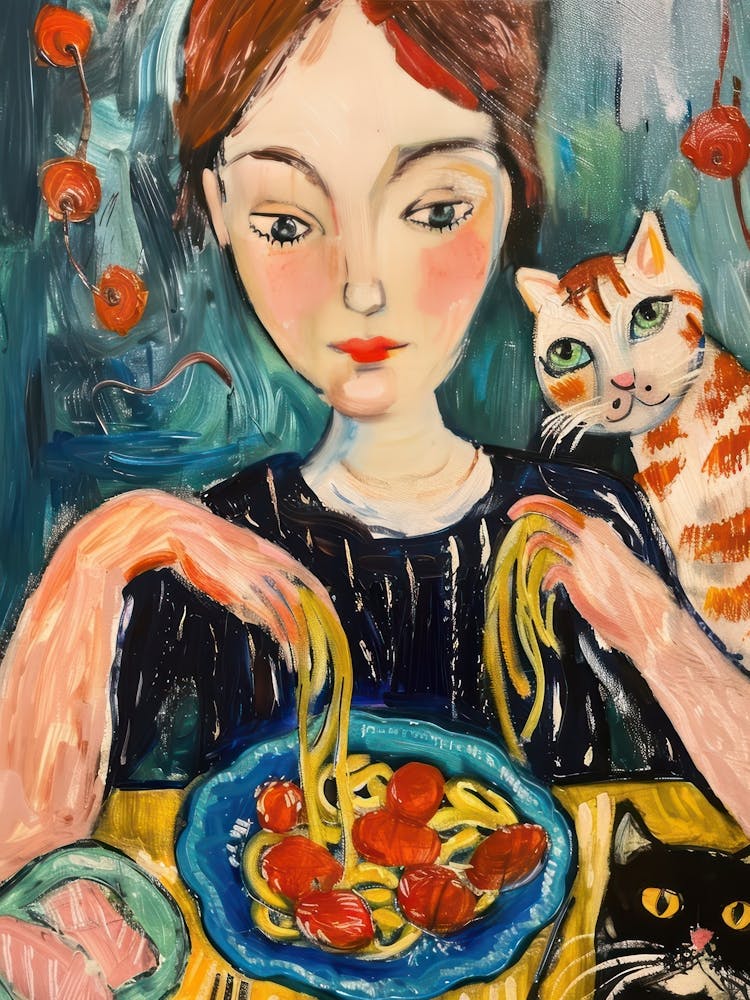 Portrait Of A Woman With Cats Eating Pasta 3