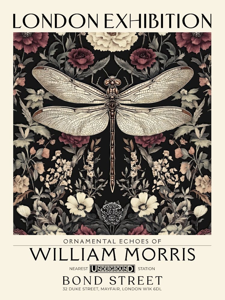 William Morris Dragonfly and floral artwork in Warm earth tones, insect and flower pattern dark academia library Botanical vintage print, living room vintage decor Floral tapestry Victorian nature art 8