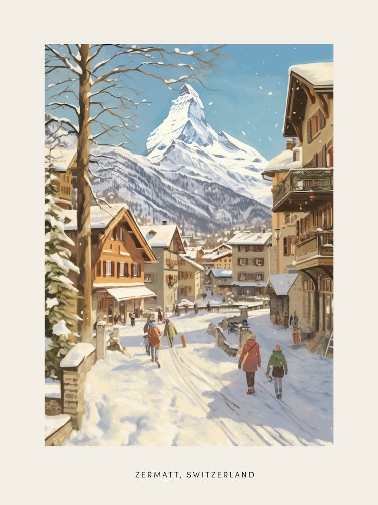 Vintage Winter Poster Zermatt Switzerland 1
