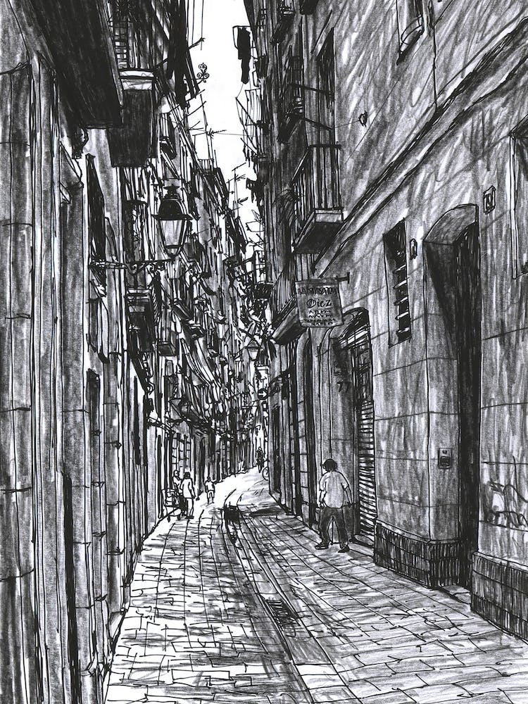 Narrow street in the Gothic Quarter of Barcelona