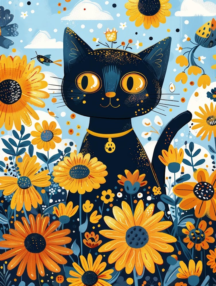 Black Cat In Sunflowers