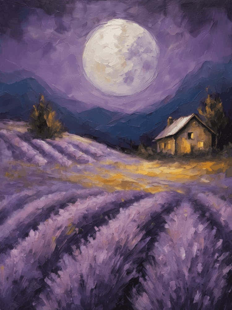 Full Moon Over The Lavender Fields - Dark Gloomy Beautiful Enchanting Feature Art Wall Decor - Flowers