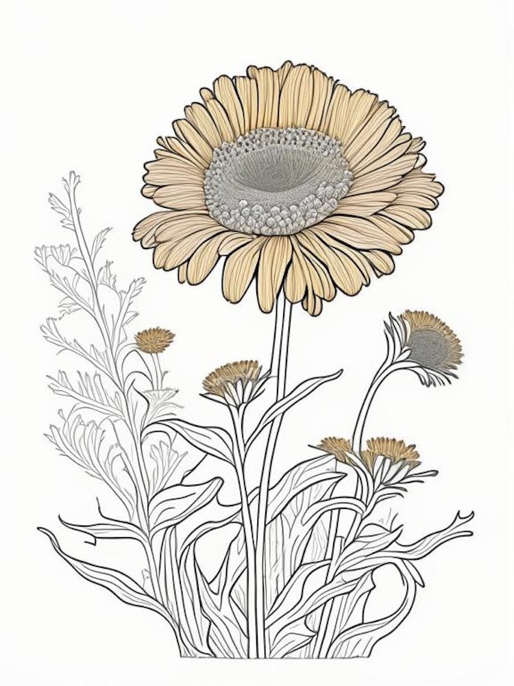Calendula Herb William Morris Inspired Line Drawing 1