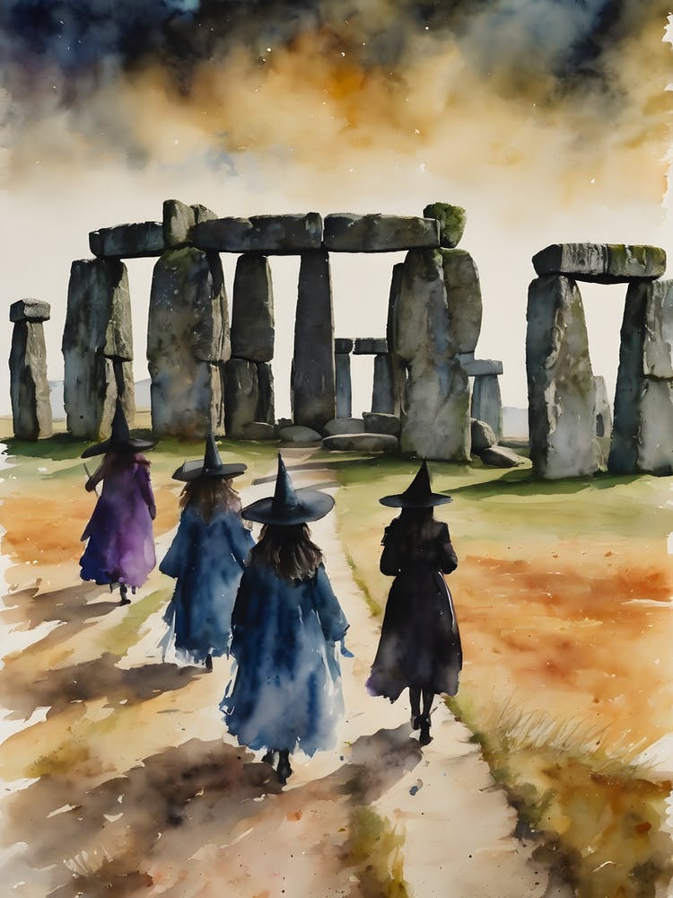 Lets Go ~ Witches Walk to Stonehenge on the Winter Solstice to Watch the Sunrise Over Standing Stones, witchy, witchy coven watercolour, witchcraft painting, witch friends, somerset, witchcore, cottagecore, wise witches, crones, pagan, wheel of the year,
