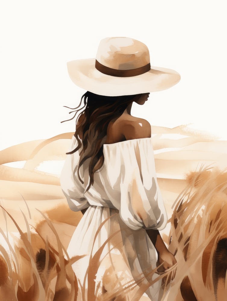 Woman In Hat Walking In The Field