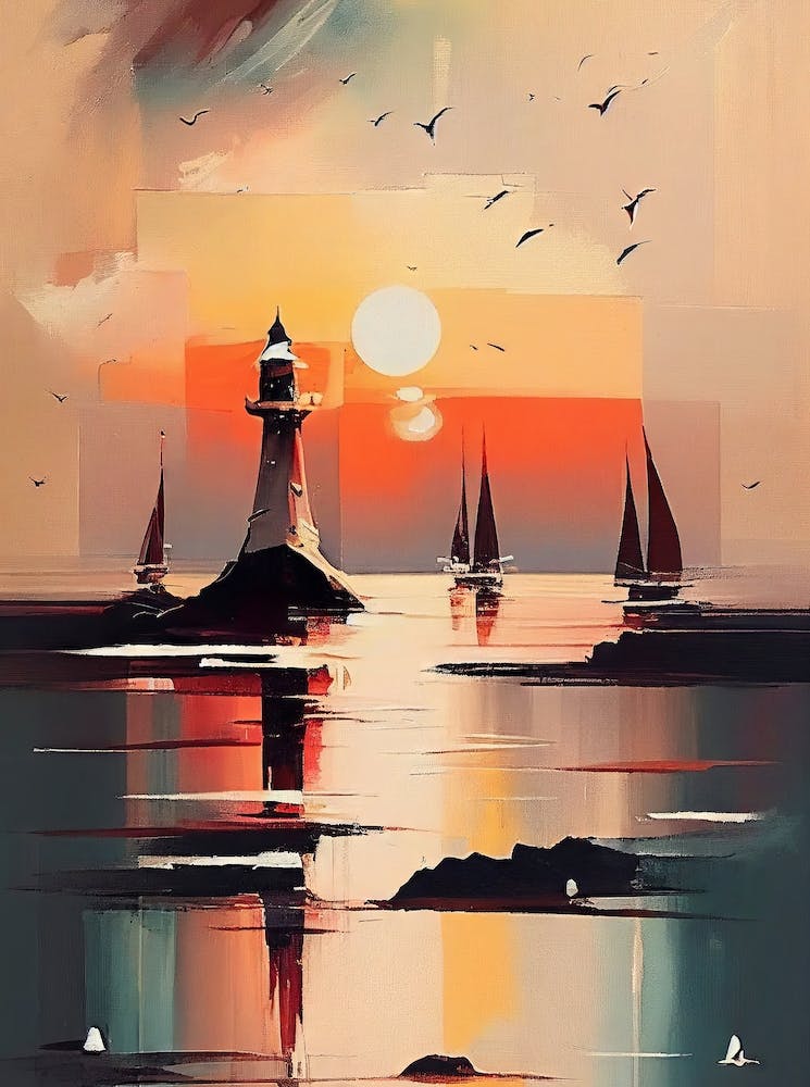 Port with Lighthouse And Sailing Boats During The Sunset - Abstract Minimal Boho Beach