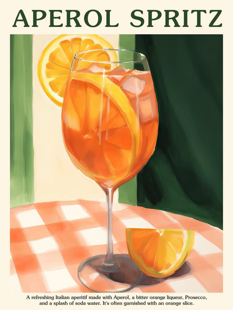Aperol Spritz Cocktail Poster Kitchen Art Green