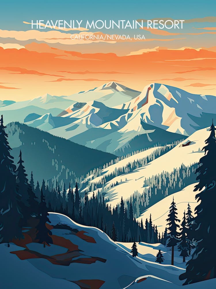 Affiche de Heavenly Mountain Resort Californie Nevada, USA, Illustration de station de ski 3