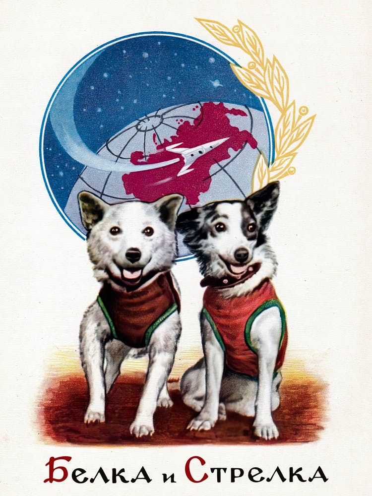 Belka and Strelka, space dogs — Soviet vintage space poster