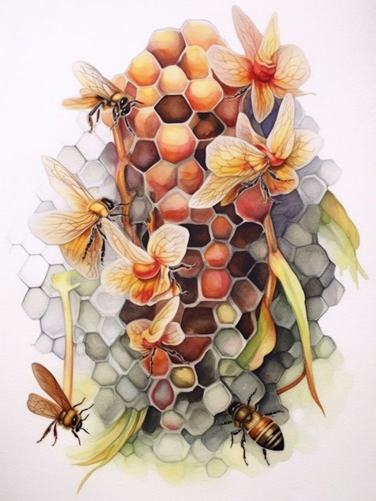Beehive With Orchids Watercolour Illustration 1