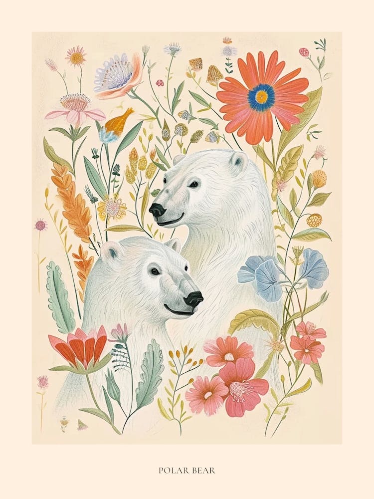 Folksy Floral Animal Drawing Polar Bear 4 Poster