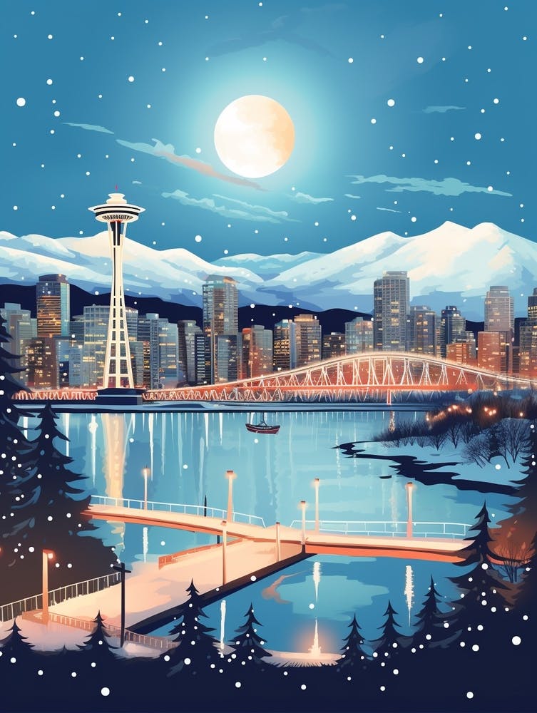 Winter Travel Night Illustration Vancouver Canada 2