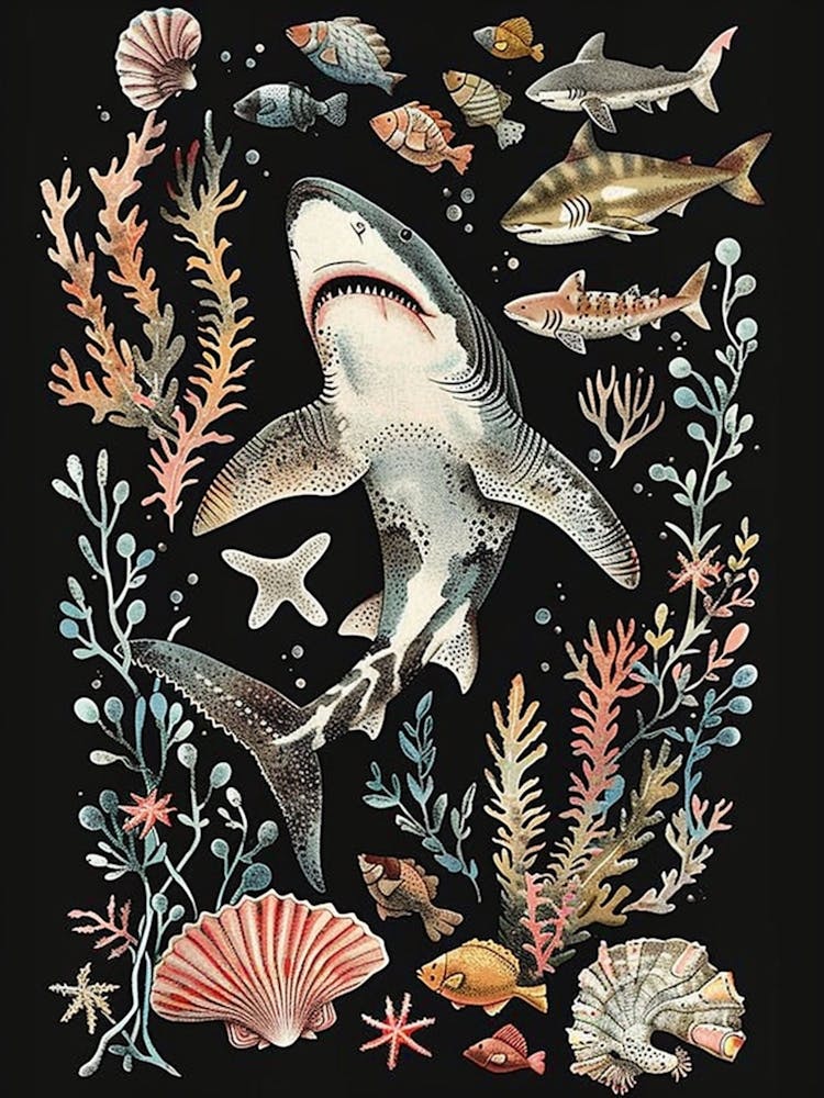 Wobbegong Shark Seascape Black Background Illustration 2