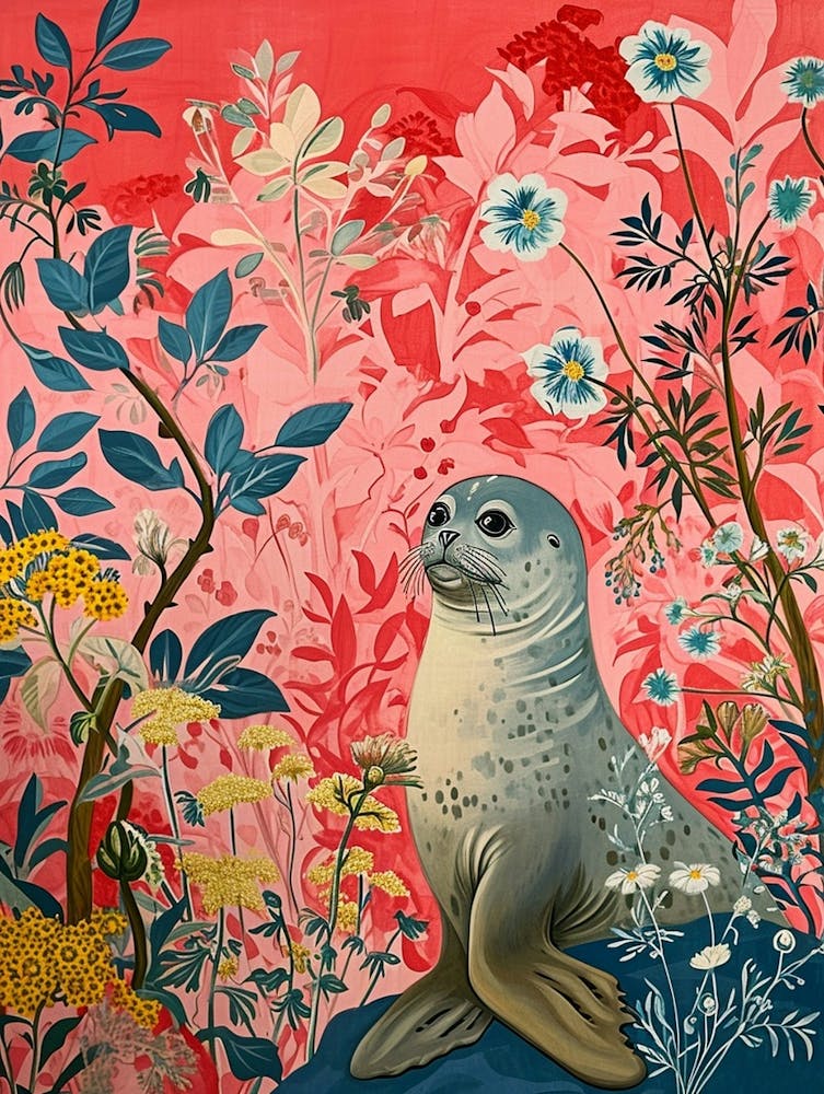 Floral Animal Painting Harp Seal 1