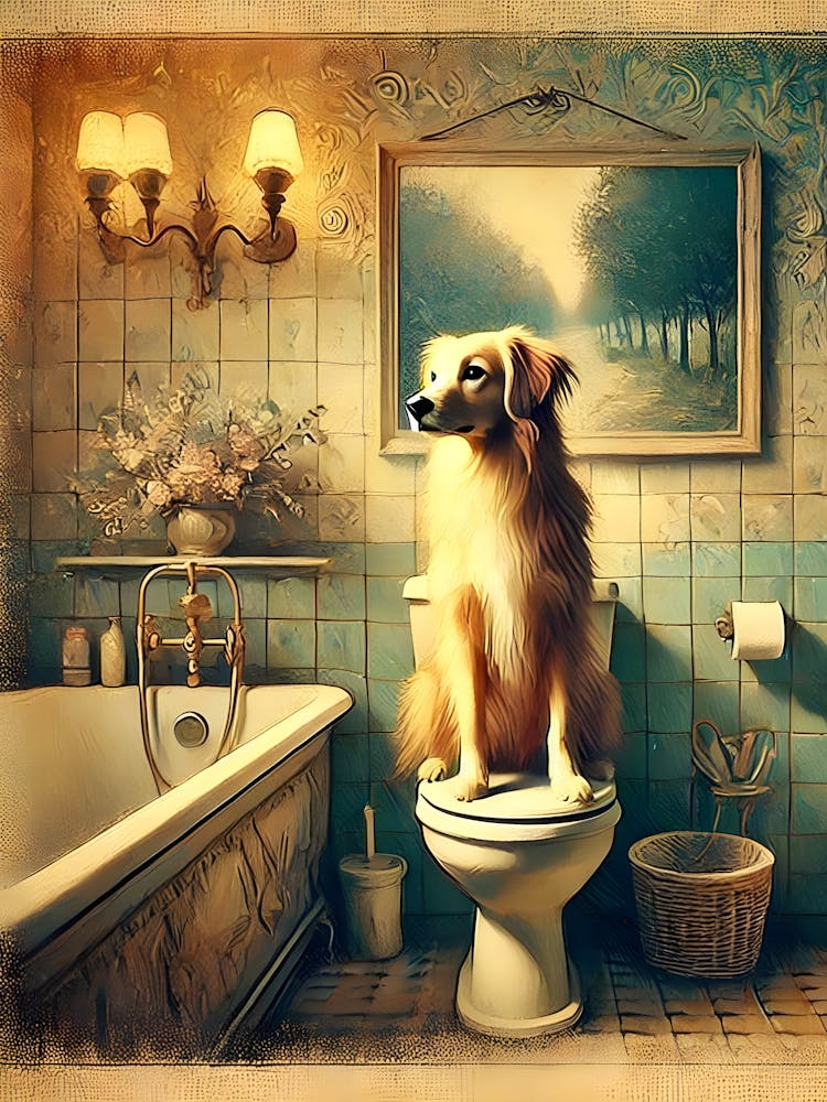 Golden Retriever in a Vintage Bathroom Scene