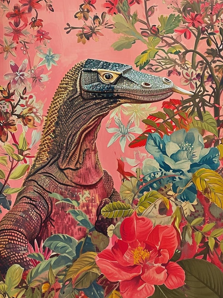 Floral Animal Painting Komodo Dragon
