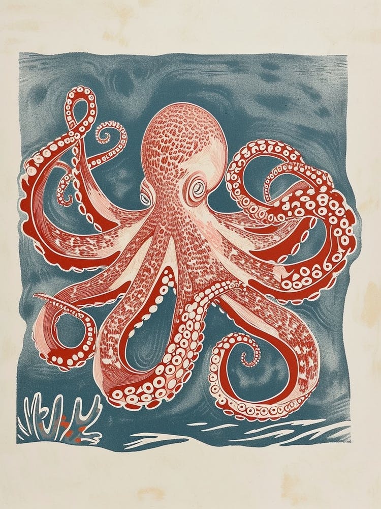 Red Octopus In The Ocean Linocut Inspired  6
