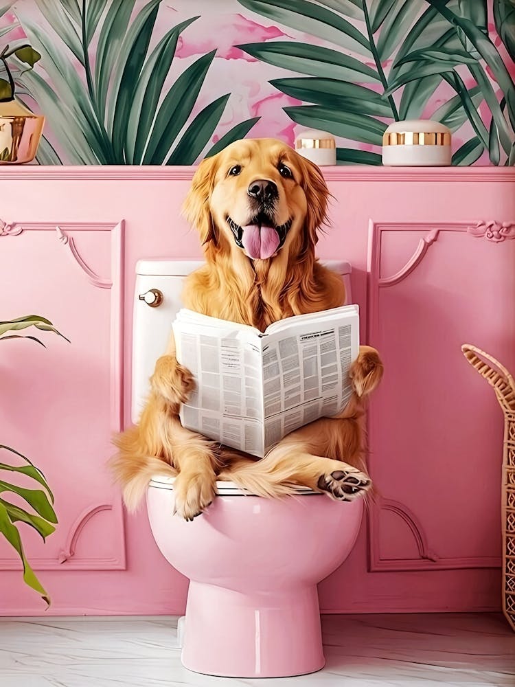 Bathroom Golden Retriever On Toilet Print, Dog On Toilet Print Funny Dog Print Toilet Wall Art Funny Bathroom Decor Golden Retriever Print
