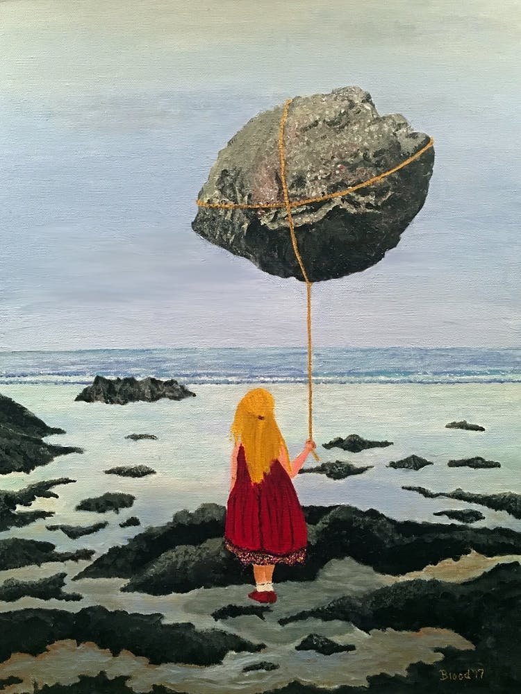 Lightness Of Being Girl Holding Boulder Balloon
