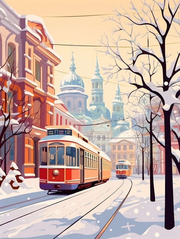 Vintage Winter Travel Illustration St Petersburg Russia 3