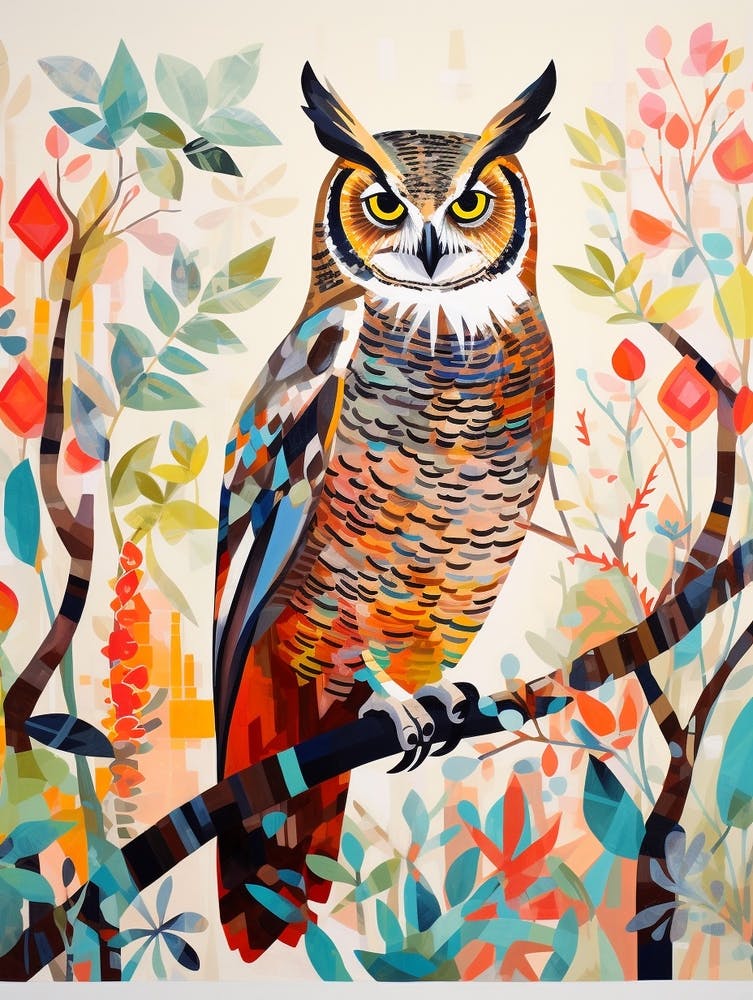 Bird Painting Collage Great Horned Owl 1