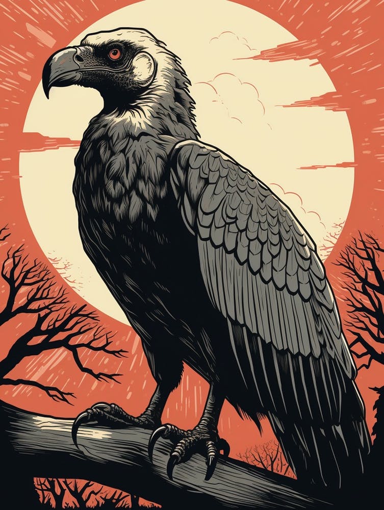 Vintage Bird Linocut Vulture 2