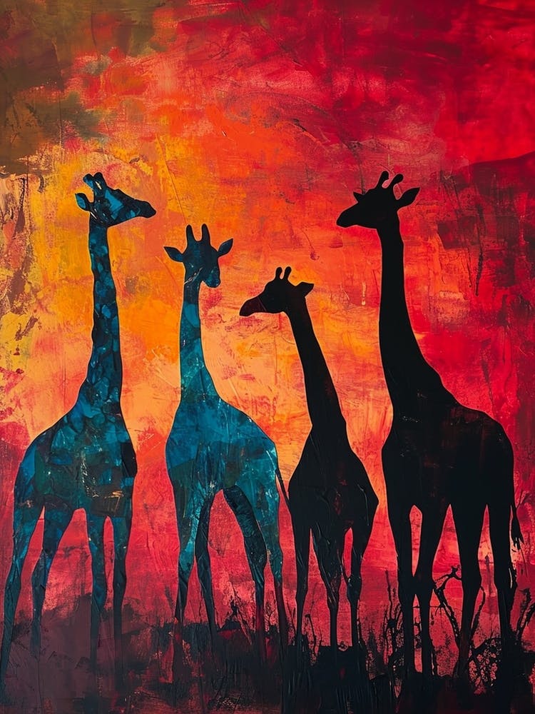 Giraffe Herd In The Red Sunset 2