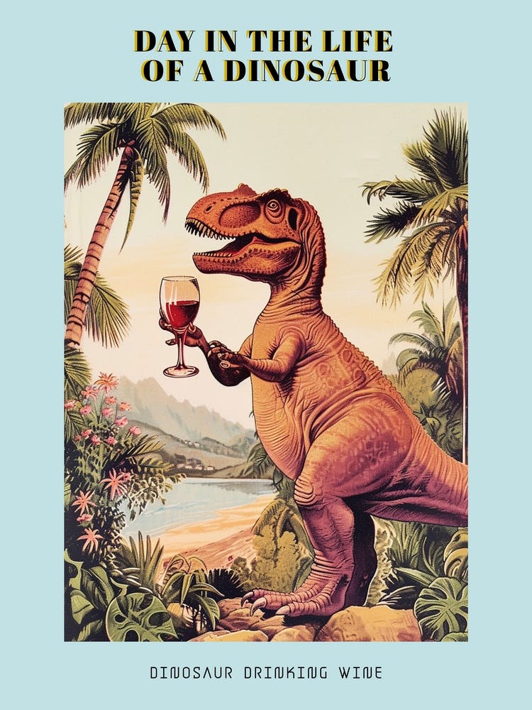 Dinosaur Drinking Wine Retro Collage 3 Poster