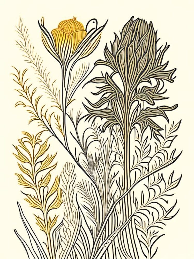 Turmeric Herb William Morris Inspired Line Drawing 3