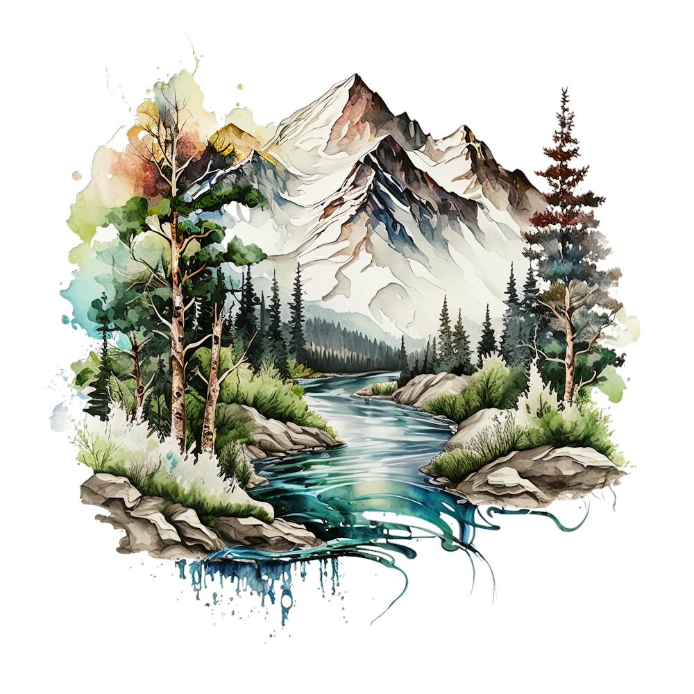Watercolor Of Mountains And River 2