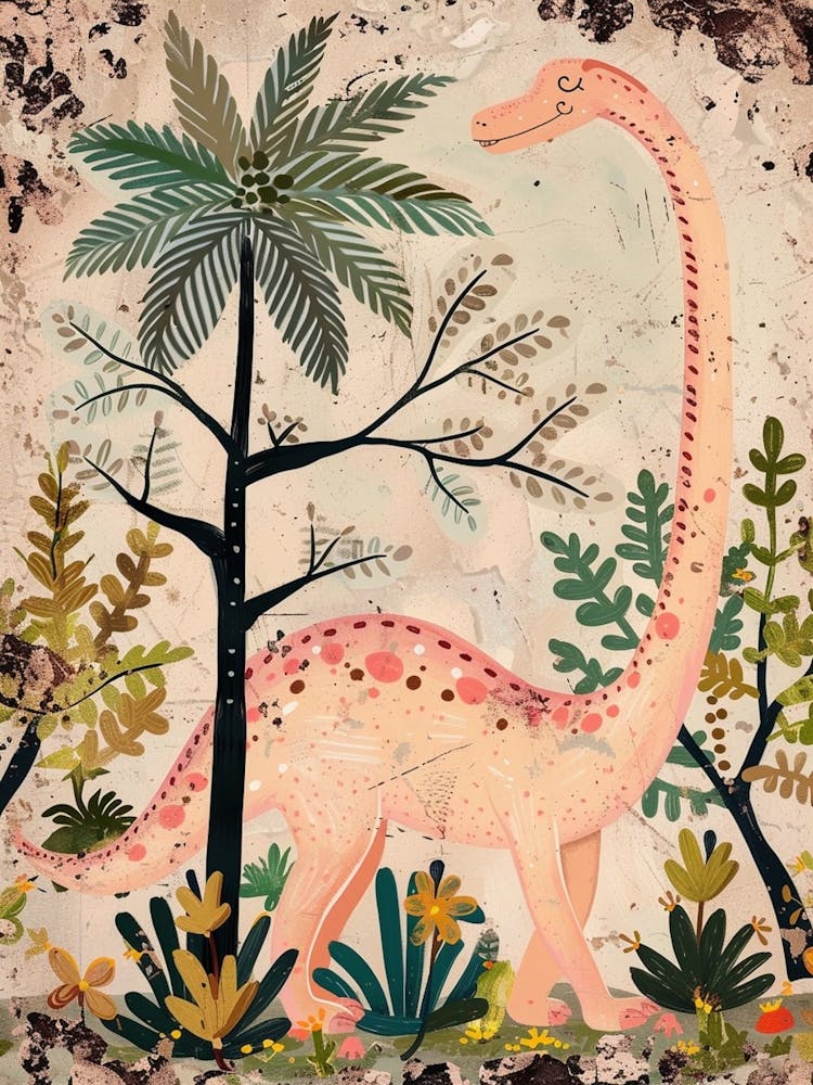 Pink Dinosaur & A Palm Tree Storybook Style Painting