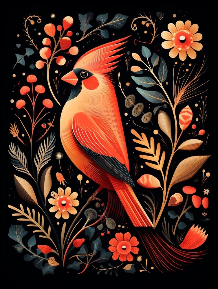 Illustration d'oiseau folklorique Cardinal rouge 4