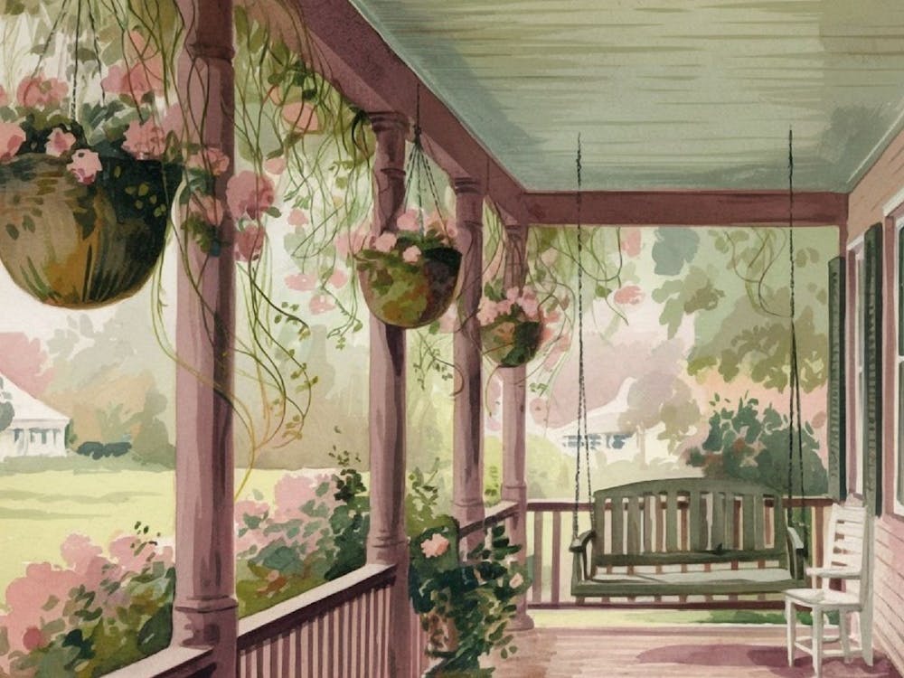 Serene Southern Porch with Hanging Baskets Watercolor
