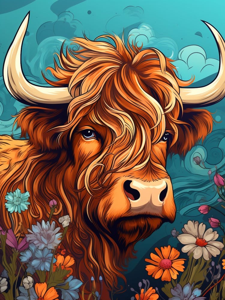 Blue Wavy Line Floral Portrait Of A Highland Cow