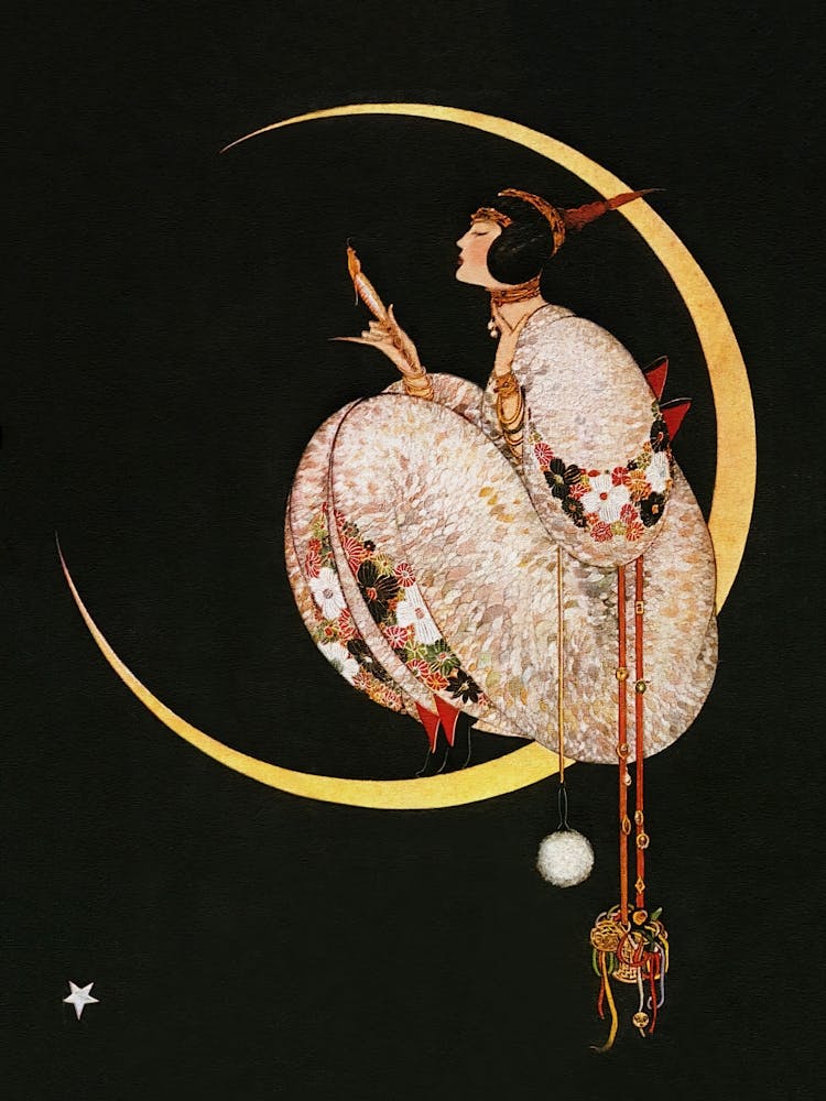 Lady Sitting on Crescent Moon Vintage Poster