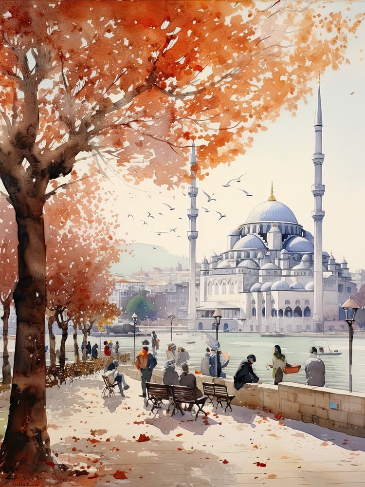 Istanbul Turkey In Autumn Fall, Watercolour 3