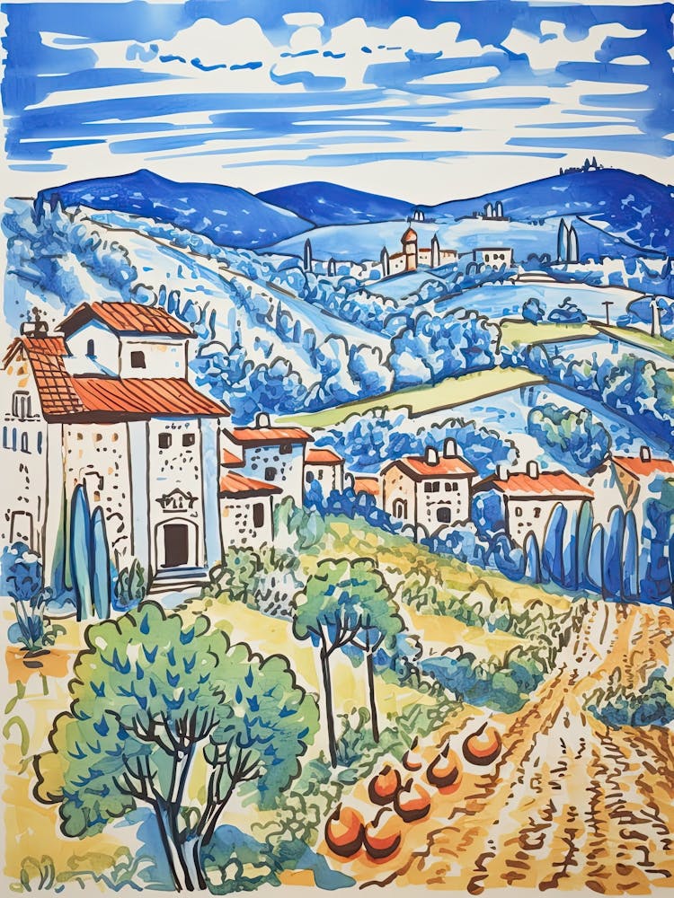 Italy, Tuscany Cute Illustration In Orange And Blue 1