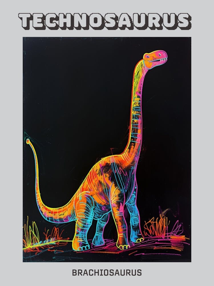 Abstract Neon Line Illustration Brachiosaurus 4 Poster
