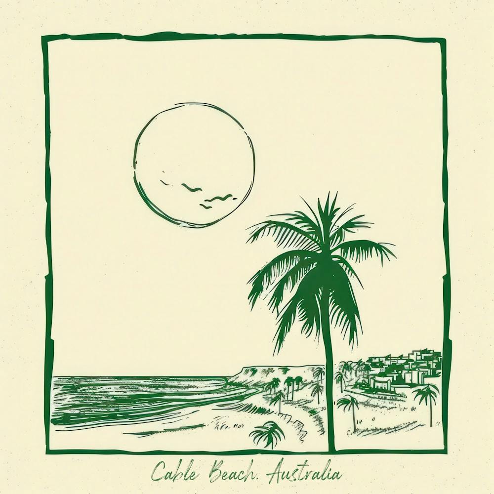 Cable Beach, Australia Green Line Art Illustration