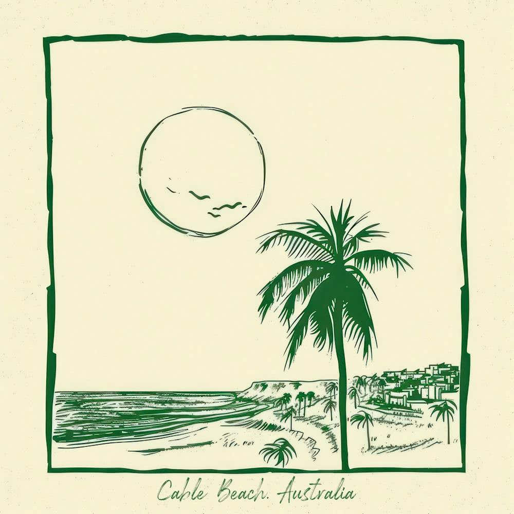 Cable Beach, Australia Green Line Art Illustration